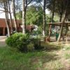 Un giardino alberato con un edificio arancione sullo sfondo.
