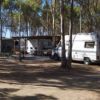 Area camper tra alberi, con veicoli parcheggiati vicino a strutture semplici.