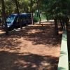 Area campeggio ombreggiata con terreno di terra battuta e un furgone blu tra gli alberi.