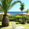 Giardino con palme, sedia a sdraio e vista sul mare.