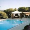 Piscina accanto a gazebo bianco, circondata da vegetazione e fiori.